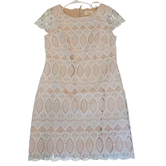 Eliza J Scalloped Lace Mini Dress Womens Size 8 White Tan Crochet Cocktail Party - Picture 2 of 8